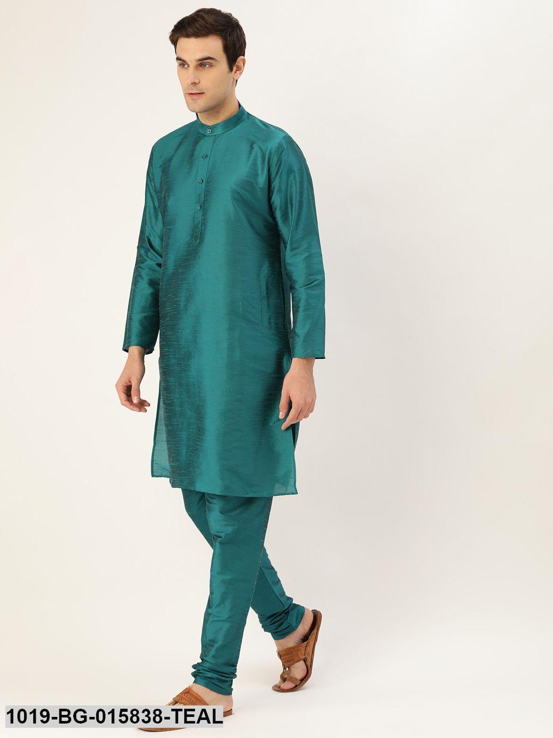 Men's Silk Blend Teal Green Kurta Pyjama & Peach Nehru jacket Combo - Sojanya - Indiakreations