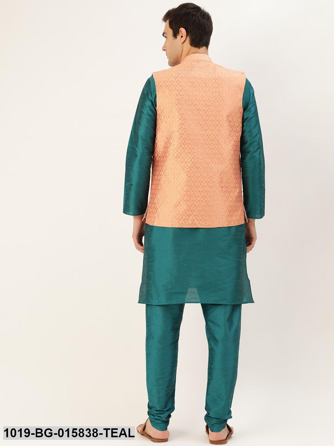 Men's Silk Blend Teal Green Kurta Pyjama & Peach Nehru jacket Combo - Sojanya - Indiakreations