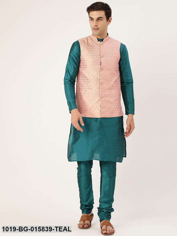 Men's Silk Blend Teal Green Kurta Pyjama & Light Pink Nehru jacket Combo - Sojanya - Indiakreations