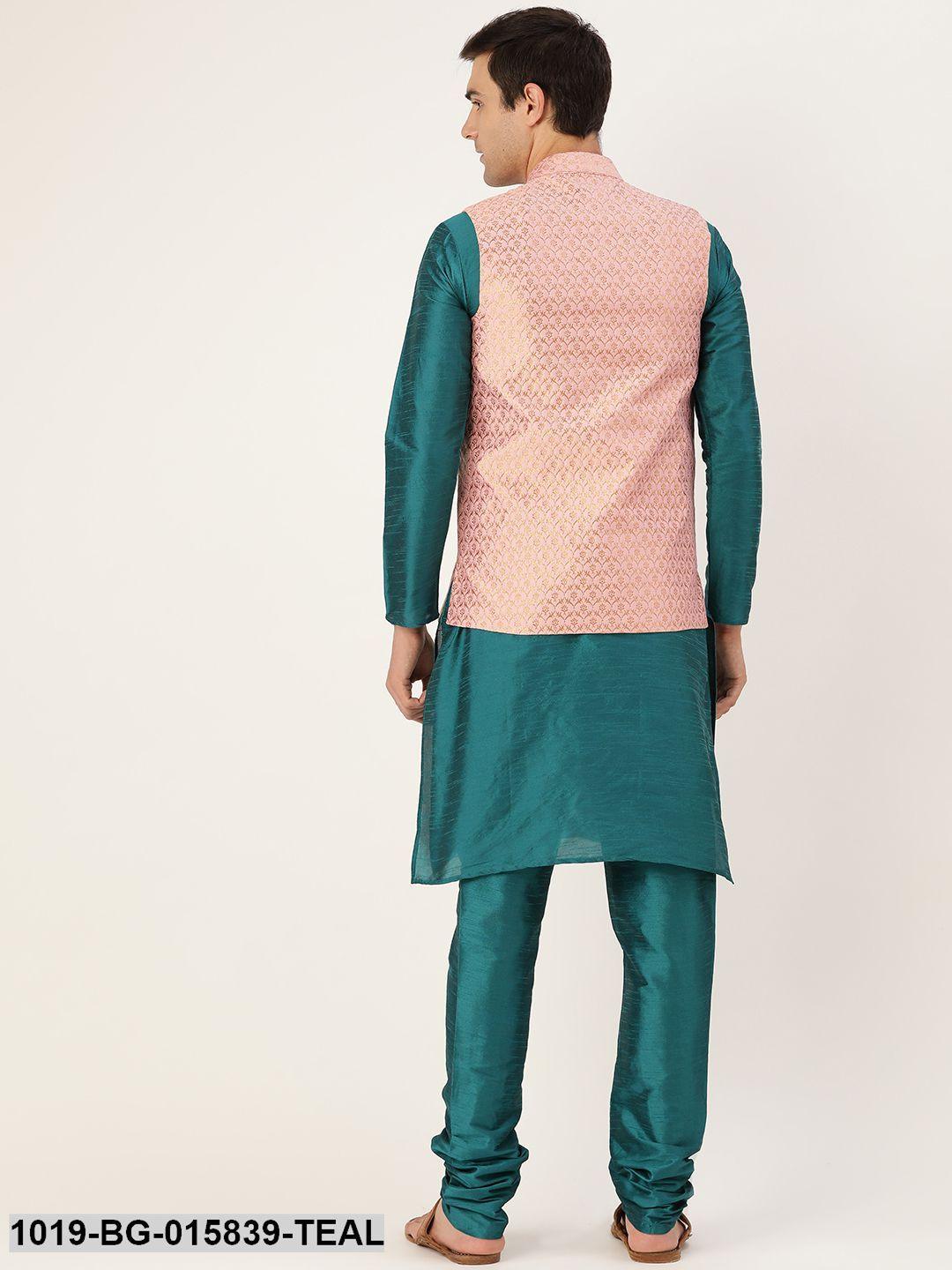 Men's Silk Blend Teal Green Kurta Pyjama & Light Pink Nehru jacket Combo - Sojanya - Indiakreations