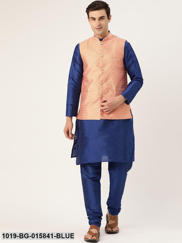 Men's Silk Blend Royal Blue Kurta Pyjama & Peach Nehru jacket Combo - Sojanya - Indiakreations