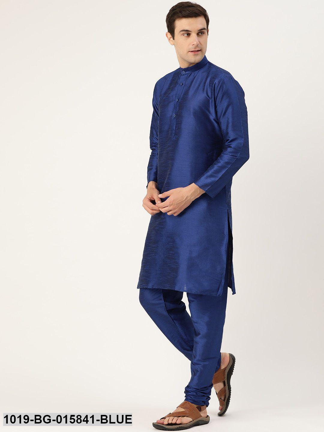 Men's Silk Blend Royal Blue Kurta Pyjama & Peach Nehru jacket Combo - Sojanya - Indiakreations