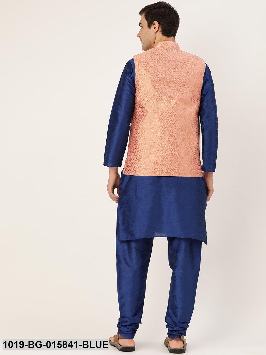 Men's Silk Blend Royal Blue Kurta Pyjama & Peach Nehru jacket Combo - Sojanya - Indiakreations