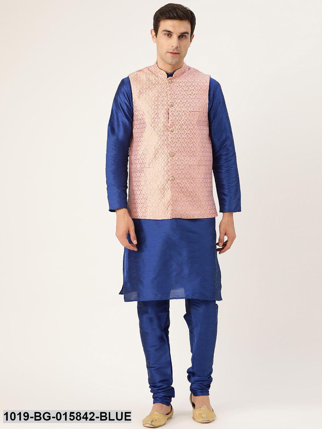 Men's Silk Blend Royal Blue Kurta Pyjama & Light Pink Nehru jacket Combo - Sojanya - Indiakreations