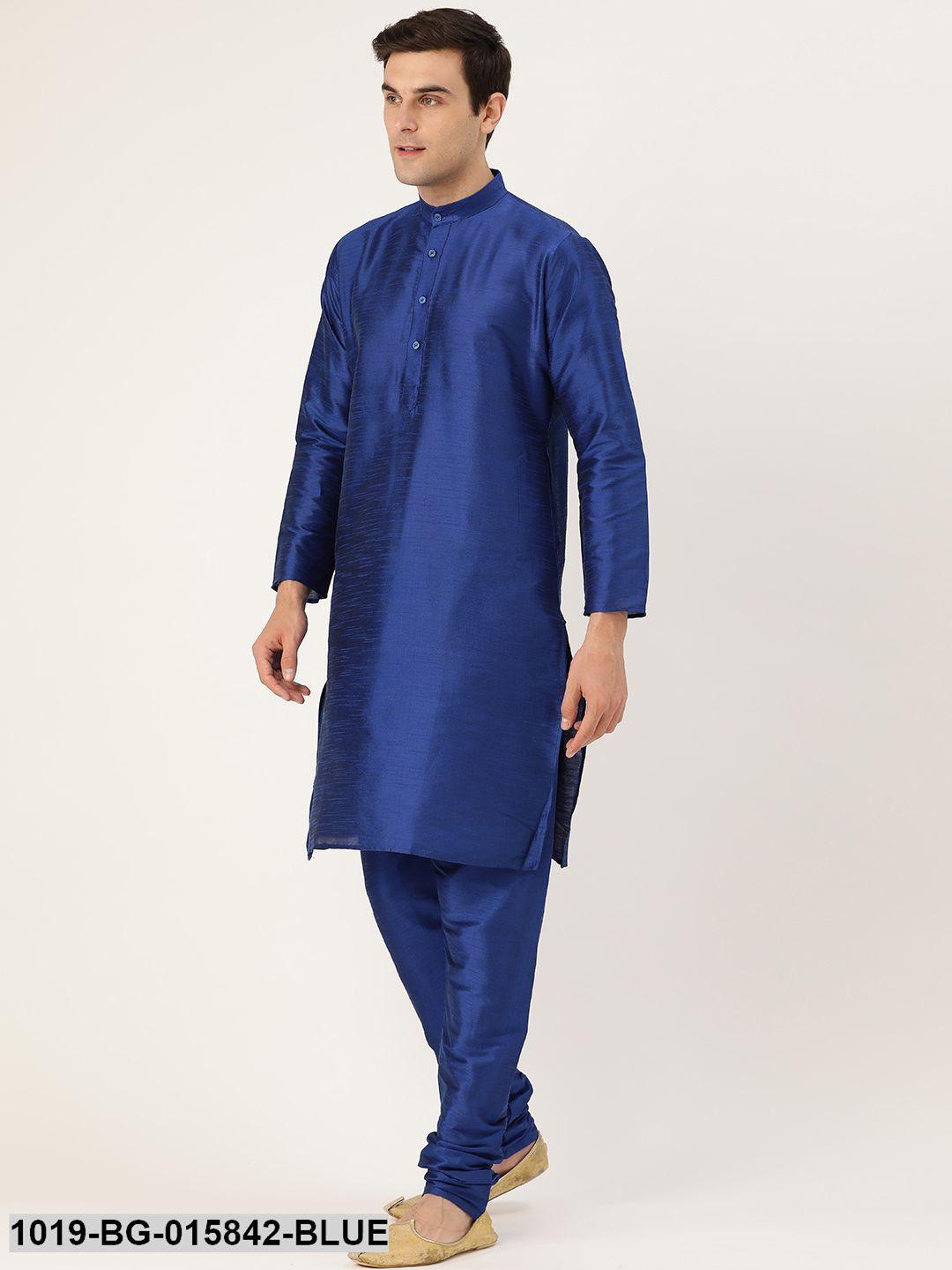 Men's Silk Blend Royal Blue Kurta Pyjama & Light Pink Nehru jacket Combo - Sojanya - Indiakreations