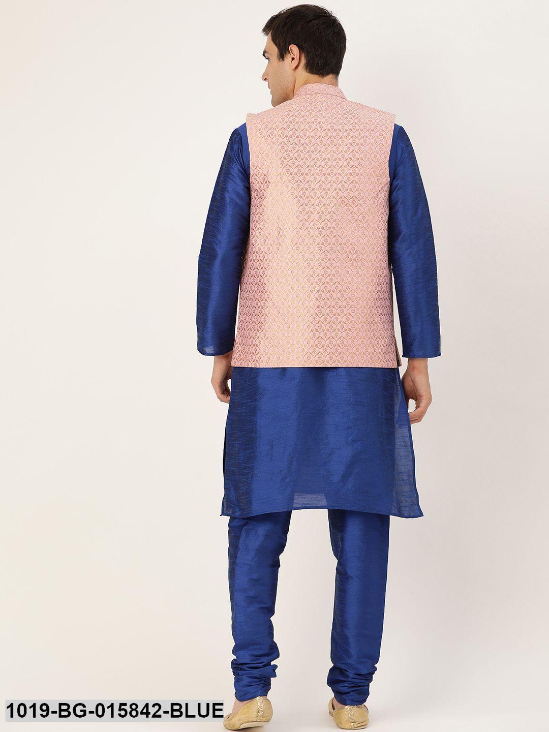 Men's Silk Blend Royal Blue Kurta Pyjama & Light Pink Nehru jacket Combo - Sojanya - Indiakreations