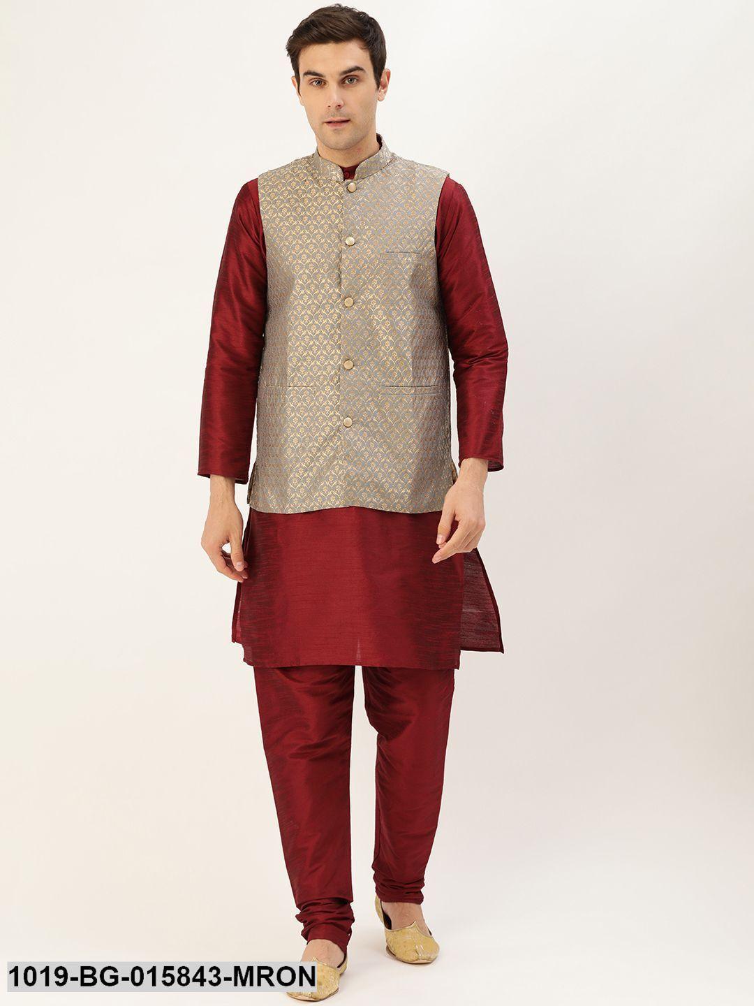 Men's Silk Blend Maroon Kurta Pyjama & Grey Nehru jacket Combo - Sojanya - Indiakreations