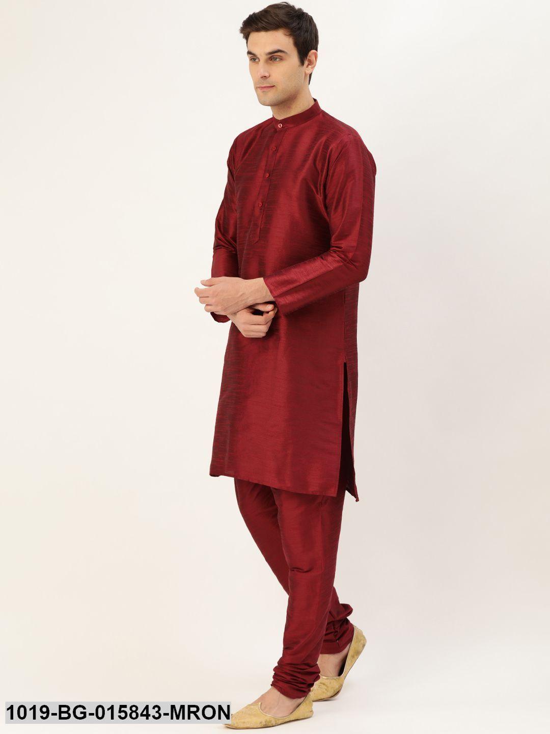 Men's Silk Blend Maroon Kurta Pyjama & Grey Nehru jacket Combo - Sojanya - Indiakreations