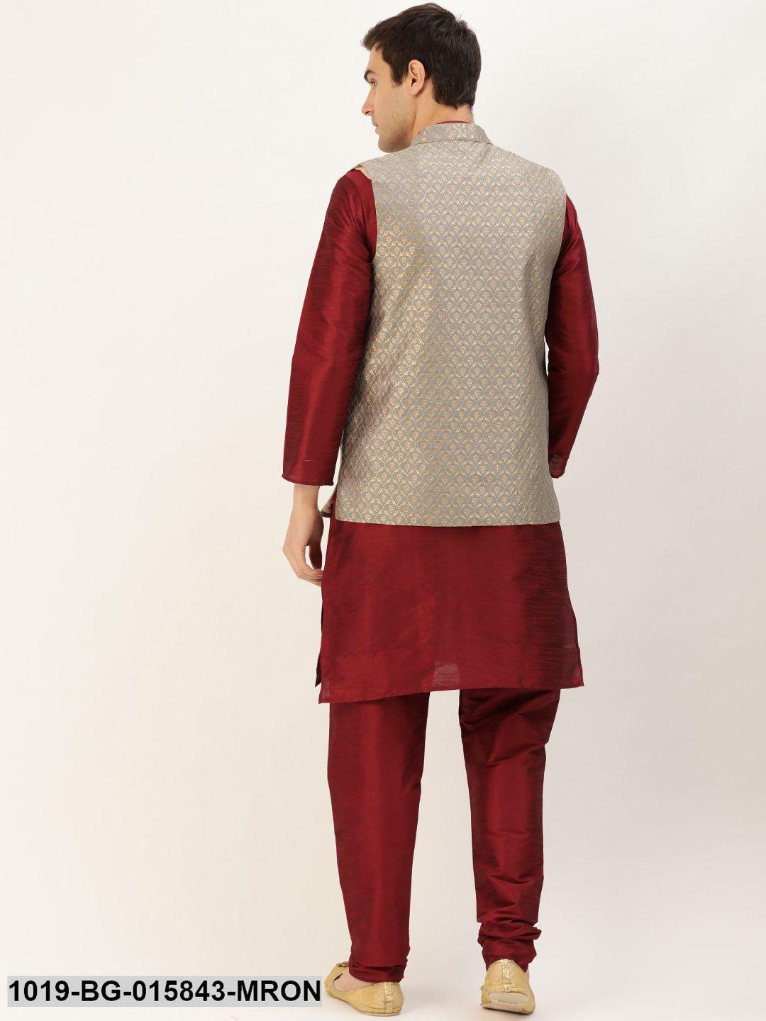 Men's Silk Blend Maroon Kurta Pyjama & Grey Nehru jacket Combo - Sojanya - Indiakreations