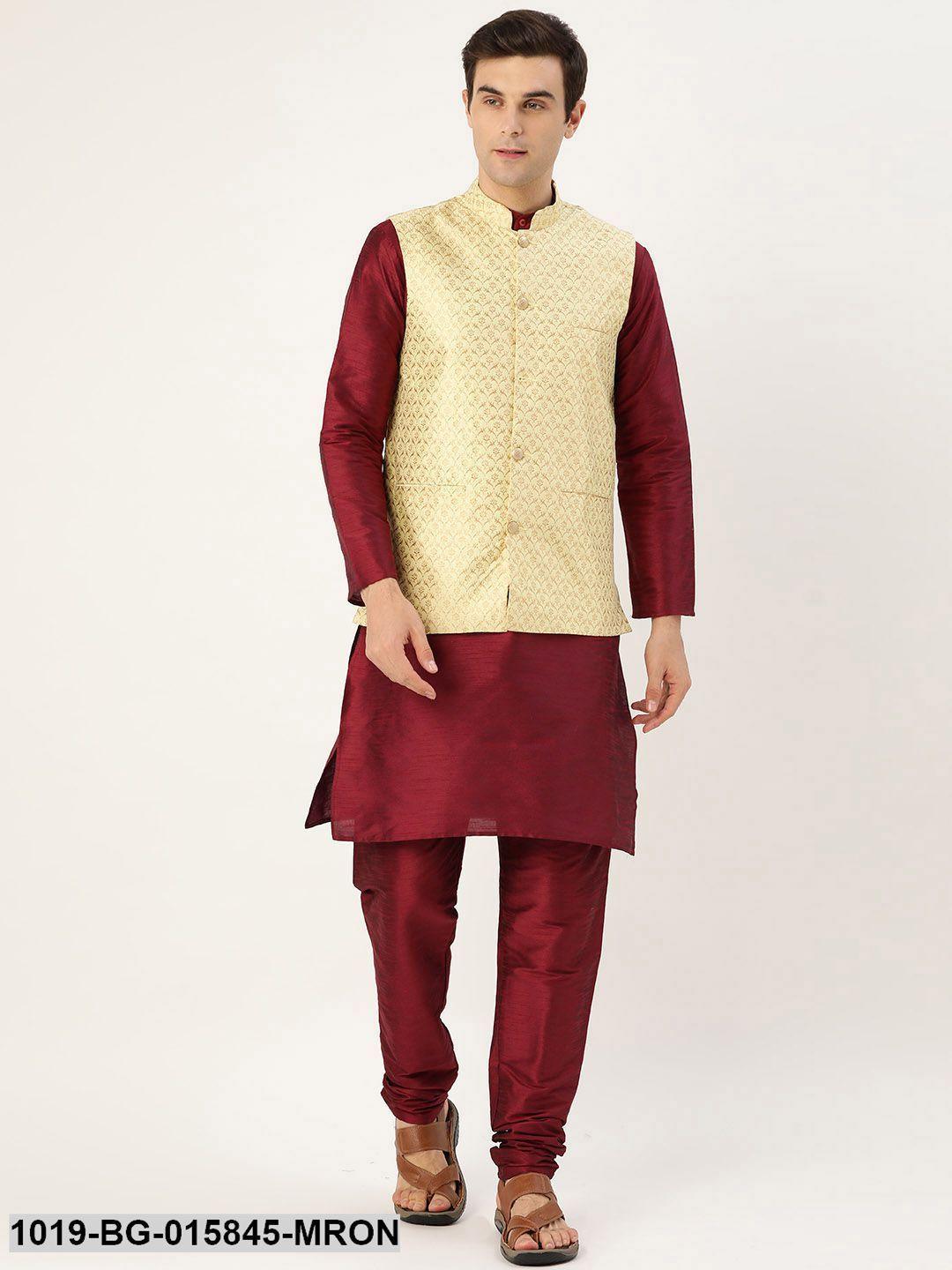 Men's Silk Blend Maroon Kurta Pyjama & Lime Green Nehru jacket Combo - Sojanya - Indiakreations