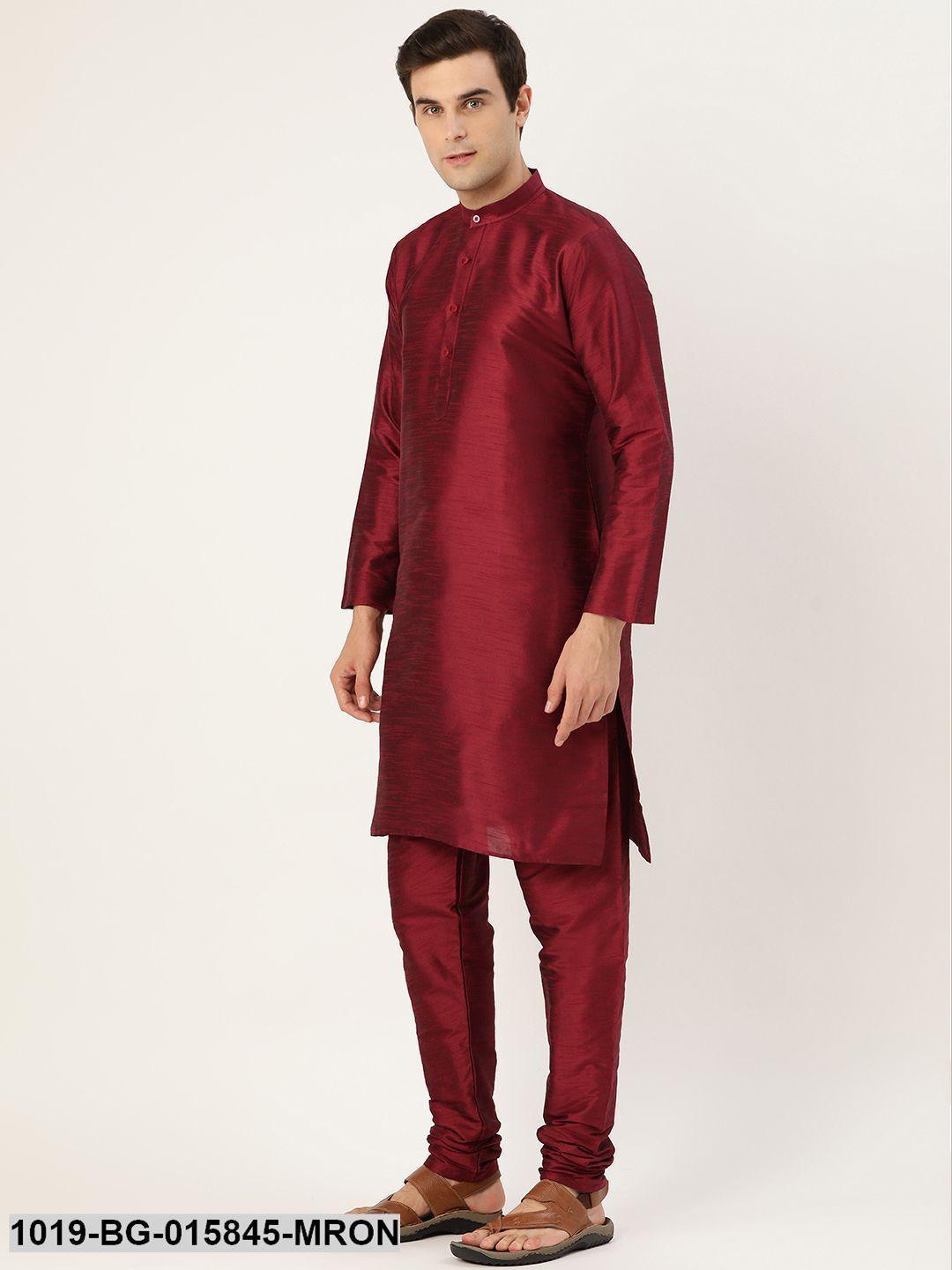 Men's Silk Blend Maroon Kurta Pyjama & Lime Green Nehru jacket Combo - Sojanya - Indiakreations