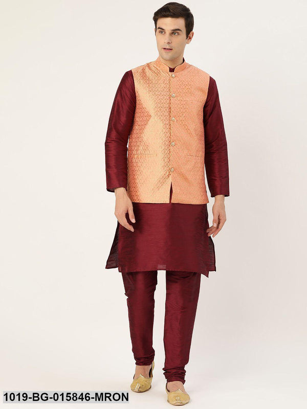 Men's Silk Blend Maroon Kurta Pyjama & Peach Nehru jacket Combo - Sojanya - Indiakreations