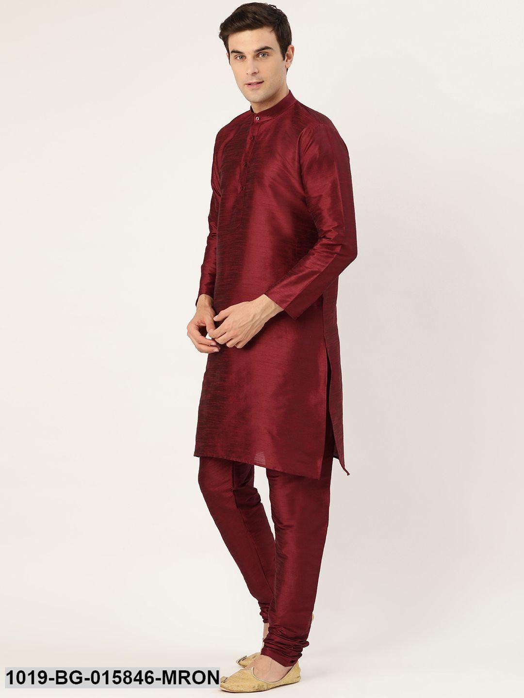 Men's Silk Blend Maroon Kurta Pyjama & Peach Nehru jacket Combo - Sojanya - Indiakreations