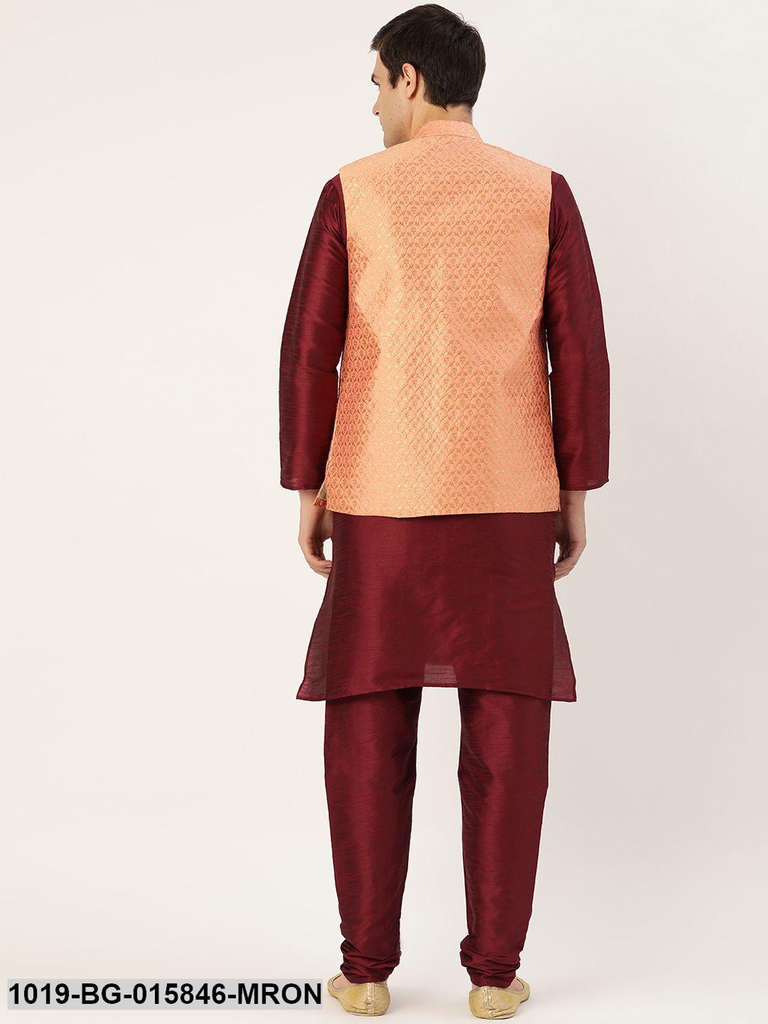 Men's Silk Blend Maroon Kurta Pyjama & Peach Nehru jacket Combo - Sojanya - Indiakreations