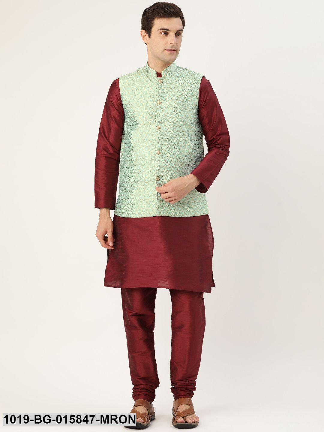 Men's Silk Blend Maroon Kurta Pyjama & Sea Green Nehru jacket Combo - Sojanya - Indiakreations