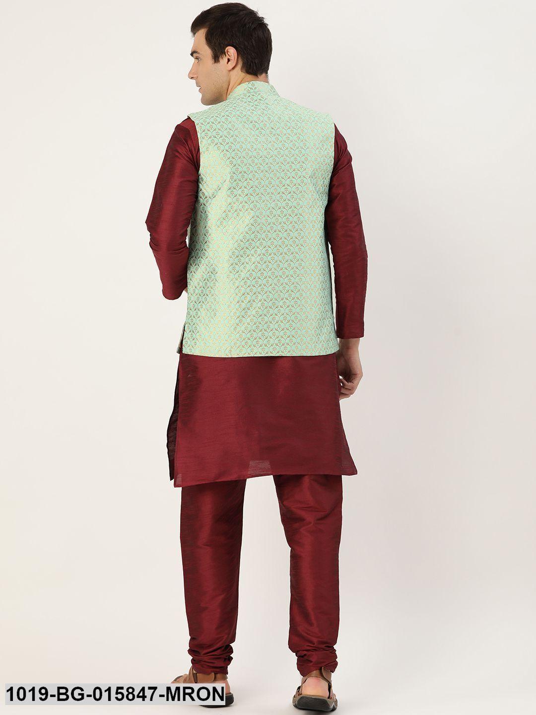 Men's Silk Blend Maroon Kurta Pyjama & Sea Green Nehru jacket Combo - Sojanya - Indiakreations