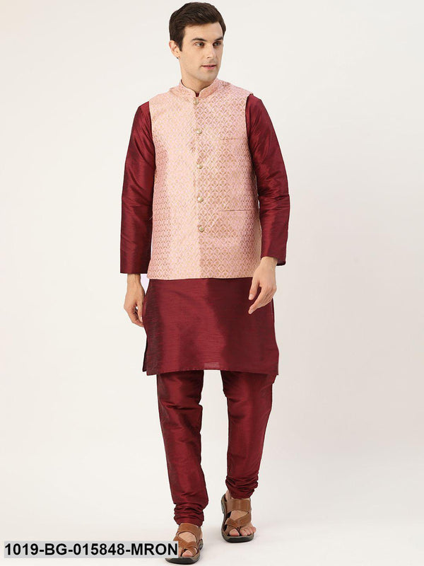 Men's Silk Blend Maroon Kurta Pyjama & Light Pink Nehru jacket Combo - Sojanya - Indiakreations