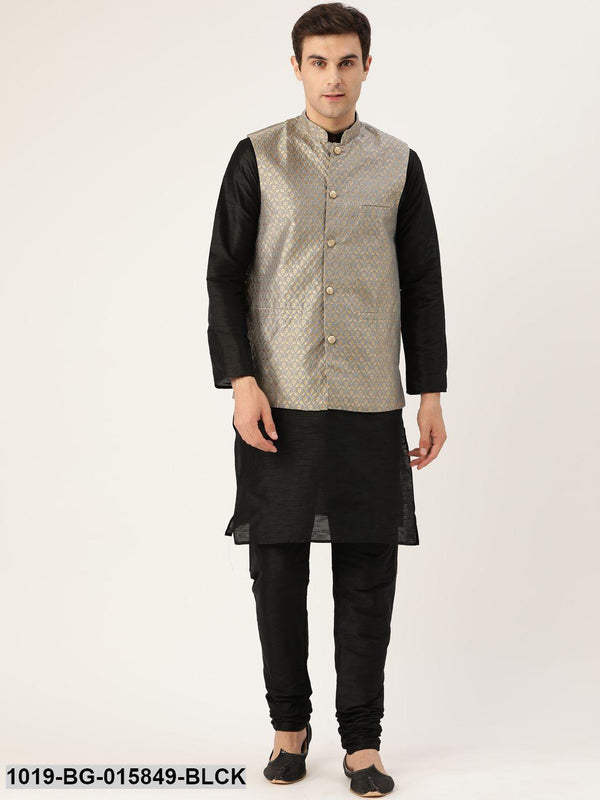 Men's Silk Blend Black Kurta Pyjama & Grey Nehru jacket Combo - Sojanya - Indiakreations