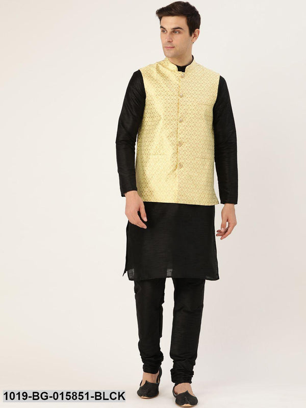 Men's Silk Blend Black Kurta Pyjama & Lime Green Nehru jacket Combo - Sojanya - Indiakreations