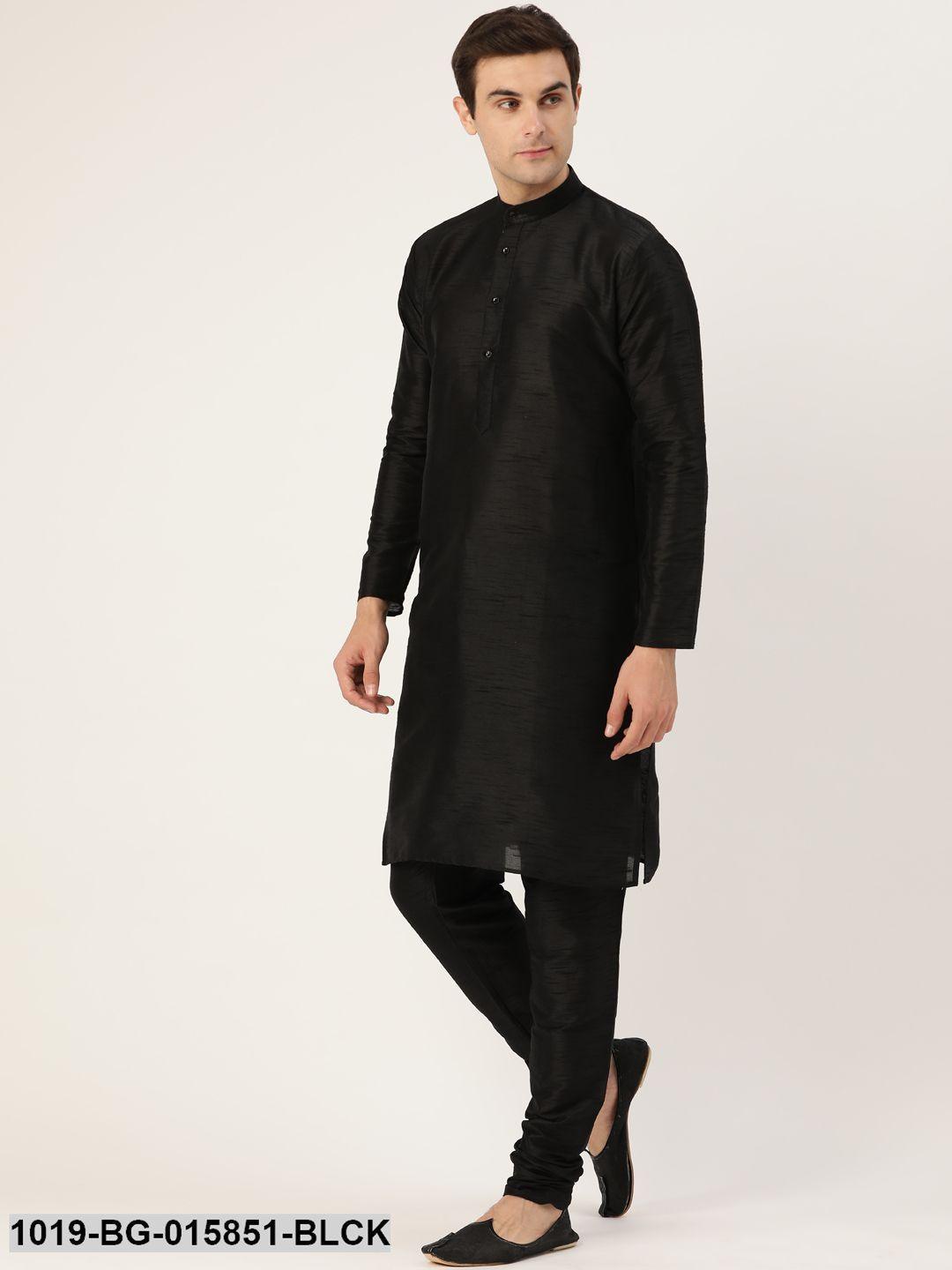 Men's Silk Blend Black Kurta Pyjama & Lime Green Nehru jacket Combo - Sojanya - Indiakreations