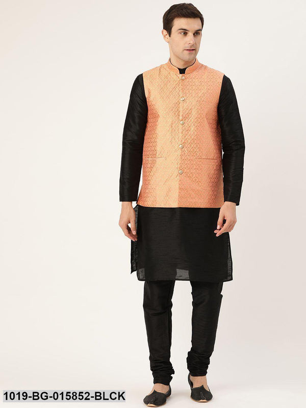 Men's Silk Blend Black Kurta Pyjama & Peach Nehru jacket Combo - Sojanya - Indiakreations