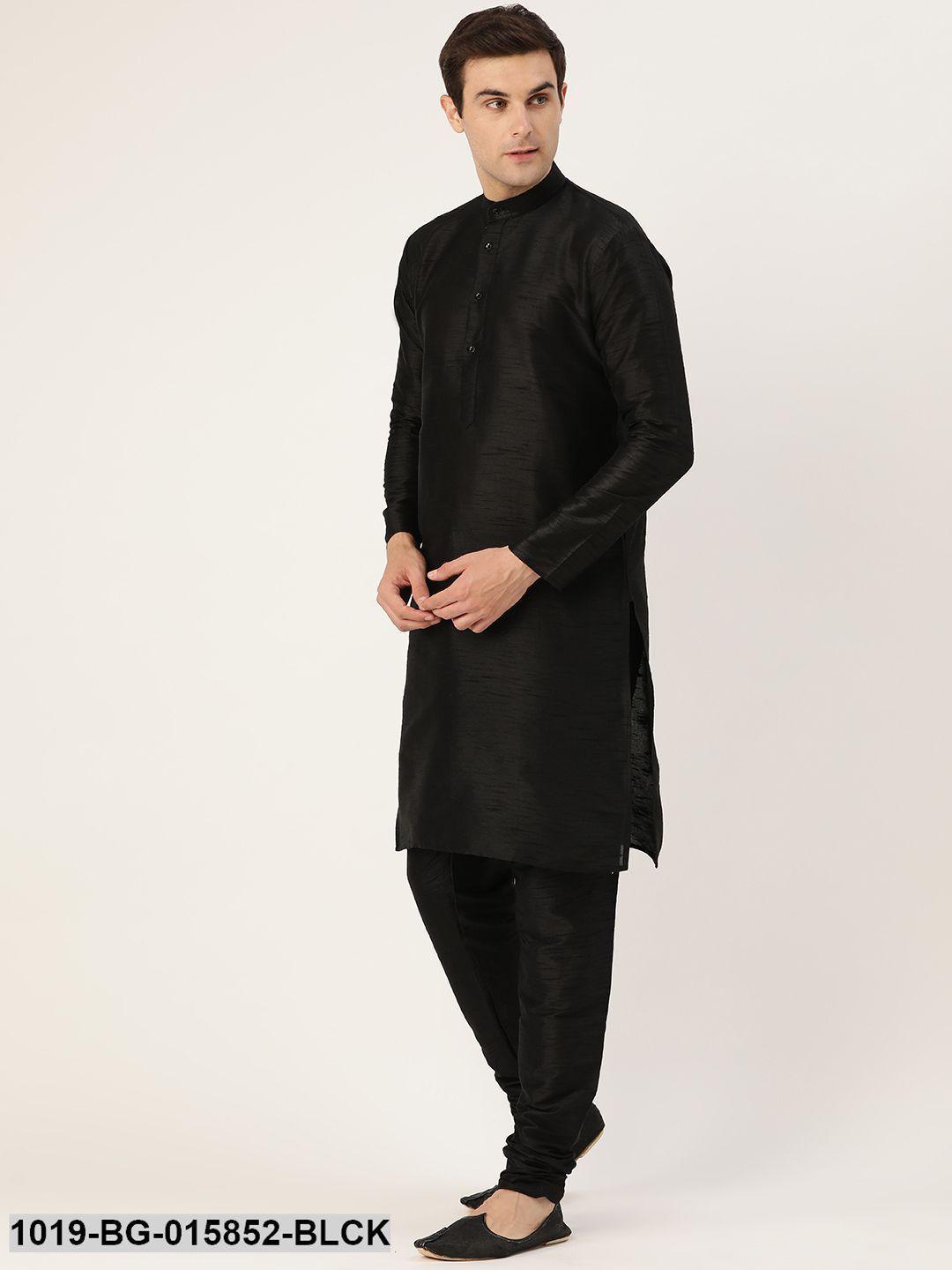 Men's Silk Blend Black Kurta Pyjama & Peach Nehru jacket Combo - Sojanya - Indiakreations