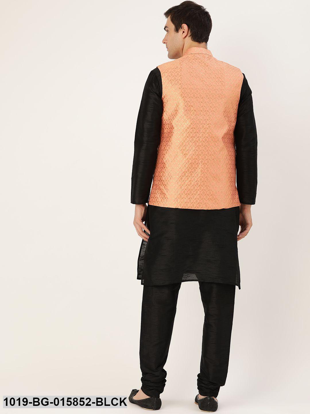 Men's Silk Blend Black Kurta Pyjama & Peach Nehru jacket Combo - Sojanya - Indiakreations