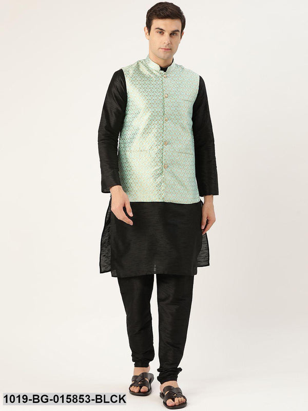 Men's Silk Blend Black Kurta Pyjama & Sea Green Nehru jacket Combo - Sojanya - Indiakreations