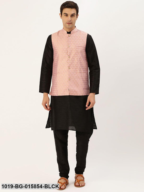 Men's Silk Blend Black Kurta Pyjama & Light Pink Nehru jacket Combo - Sojanya - Indiakreations