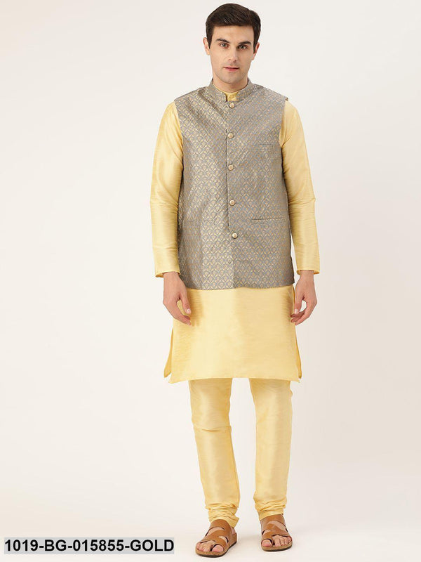 Men's Silk Blend Gold Kurta Pyjama & Grey Nehru jacket Combo - Sojanya - Indiakreations