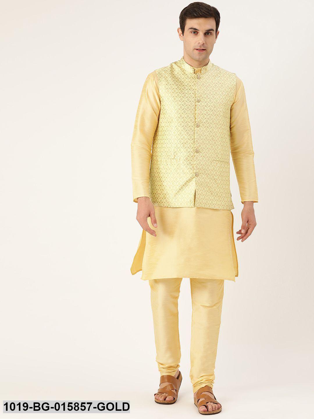 Men's Silk Blend Gold Kurta Pyjama & Lime Green Nehru jacket Combo - Sojanya - Indiakreations