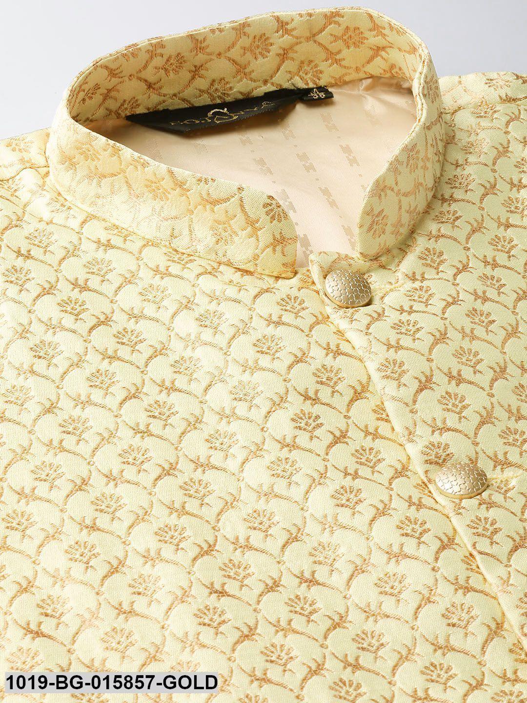 Men's Silk Blend Gold Kurta Pyjama & Lime Green Nehru jacket Combo - Sojanya - Indiakreations