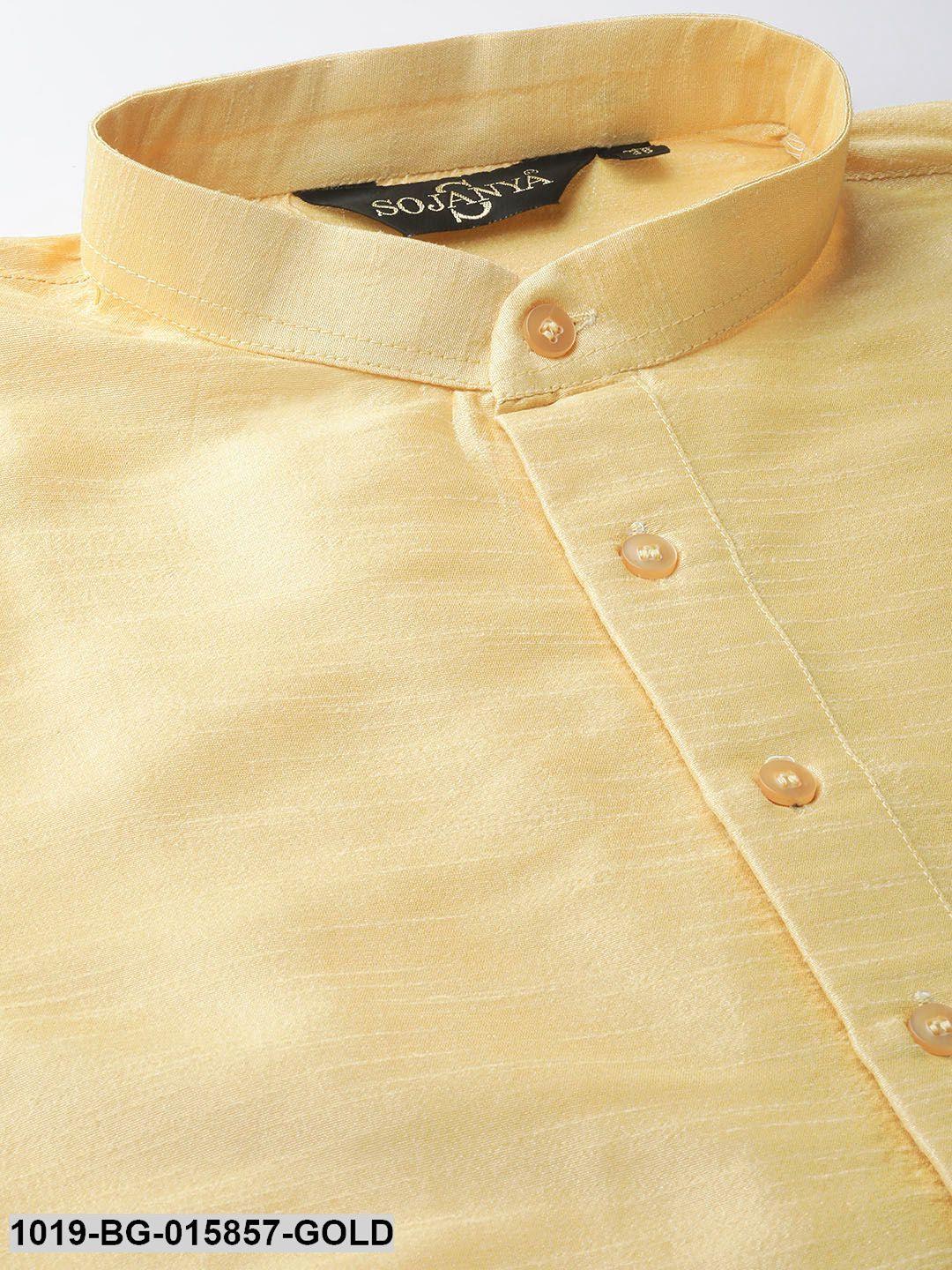 Men's Silk Blend Gold Kurta Pyjama & Lime Green Nehru jacket Combo - Sojanya - Indiakreations