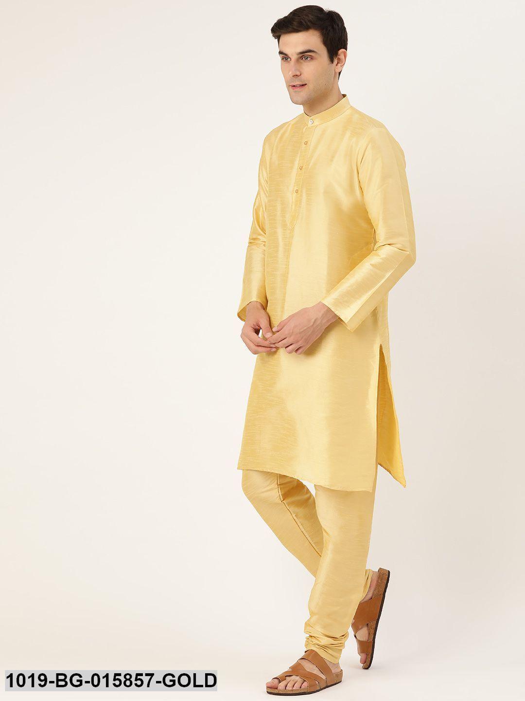 Men's Silk Blend Gold Kurta Pyjama & Lime Green Nehru jacket Combo - Sojanya - Indiakreations