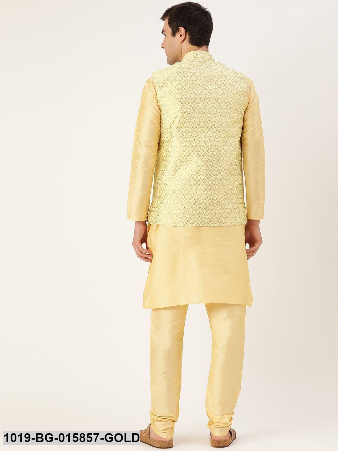 Men's Silk Blend Gold Kurta Pyjama & Lime Green Nehru jacket Combo - Sojanya - Indiakreations