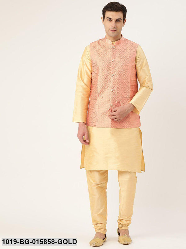 Men's Silk Blend Gold Kurta Pyjama & Peach Nehru jacket Combo - Sojanya - Indiakreations