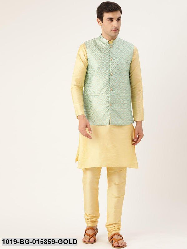 Men's Silk Blend Gold Kurta Pyjama & Sea Green Nehru jacket Combo - Sojanya - Indiakreations