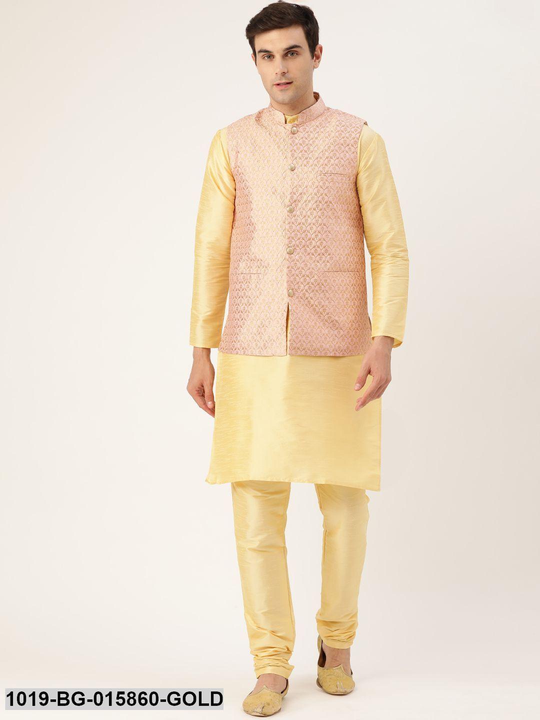 Men's Silk Blend Gold Kurta Pyjama & Light Pink Nehru jacket Combo - Sojanya - Indiakreations