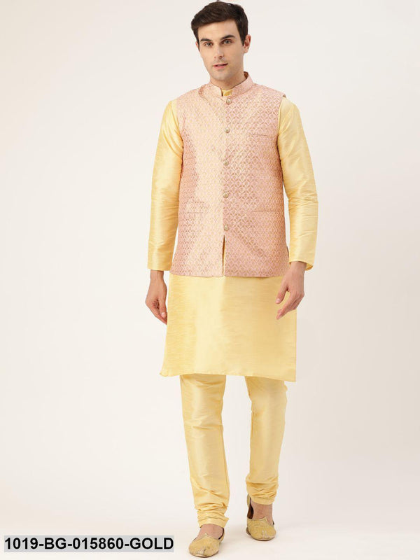 Men's Silk Blend Gold Kurta Pyjama & Light Pink Nehru jacket Combo - Sojanya - Indiakreations