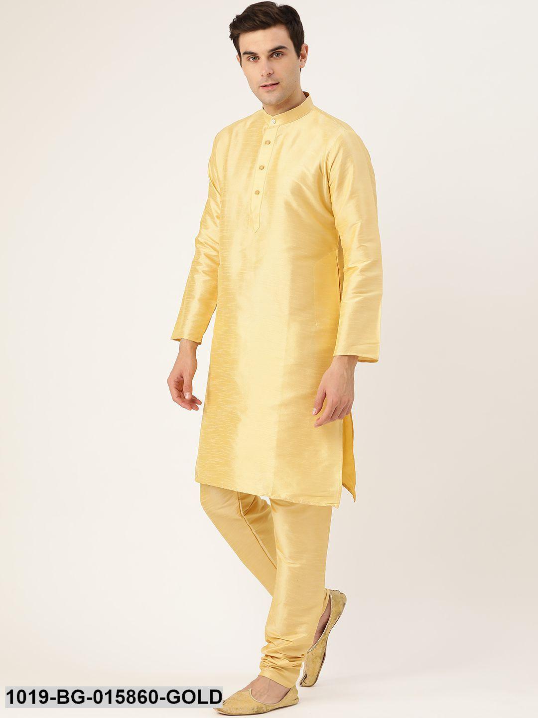 Men's Silk Blend Gold Kurta Pyjama & Light Pink Nehru jacket Combo - Sojanya - Indiakreations