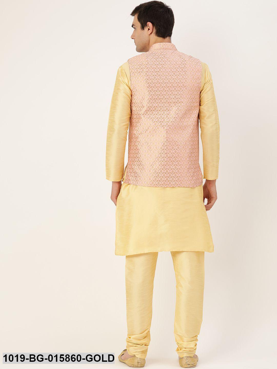 Men's Silk Blend Gold Kurta Pyjama & Light Pink Nehru jacket Combo - Sojanya - Indiakreations