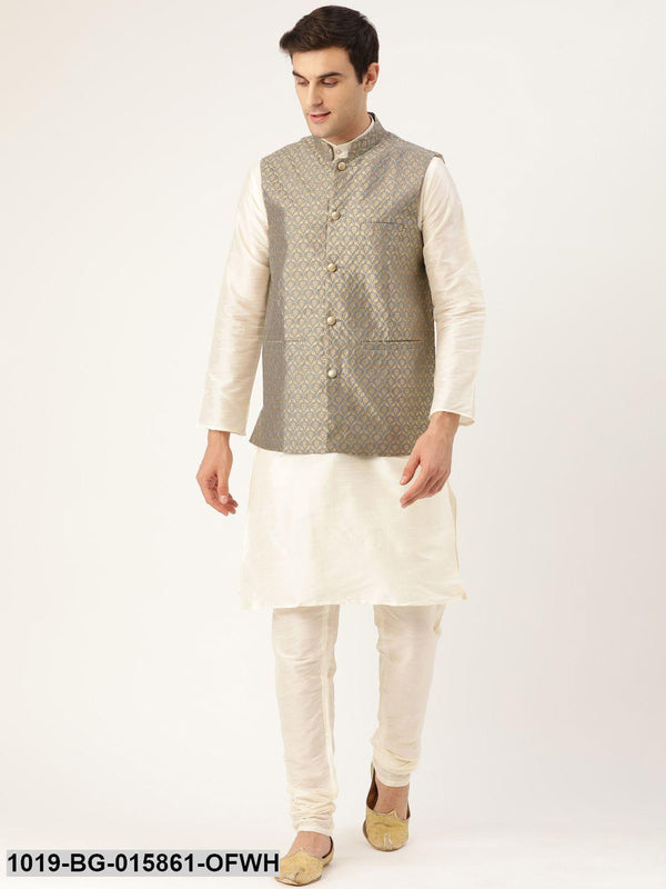 Men's Silk Blend Off White Kurta Pyjama & Grey Nehru jacket Combo - Sojanya - Indiakreations