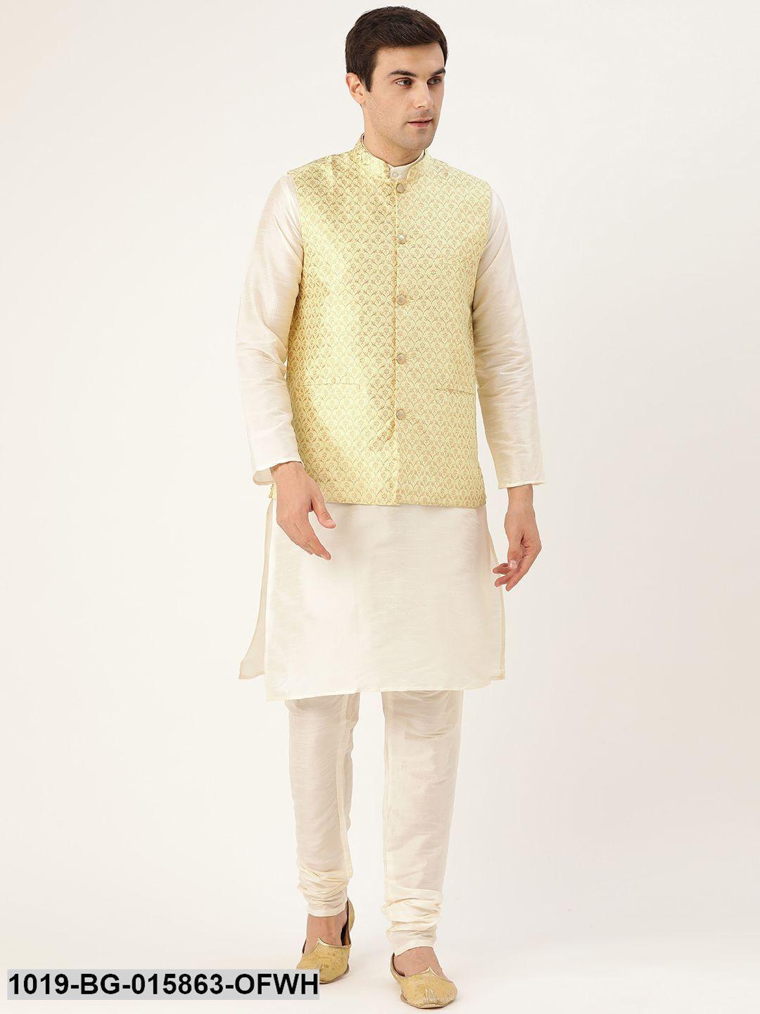 Men's Silk Blend Off White Kurta Pyjama & Lime Green Nehru jacket Combo - Sojanya - Indiakreations