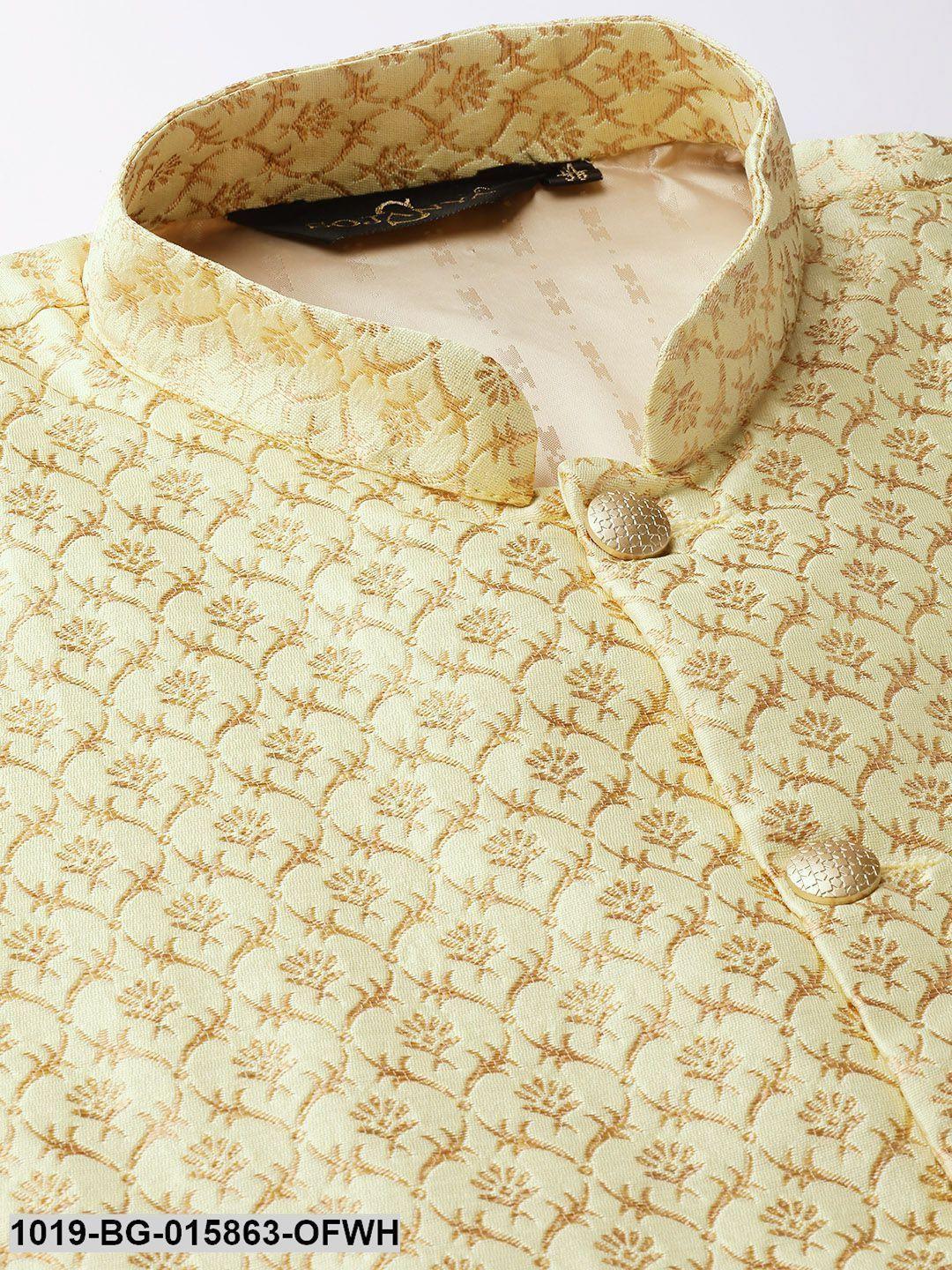 Men's Silk Blend Off White Kurta Pyjama & Lime Green Nehru jacket Combo - Sojanya - Indiakreations