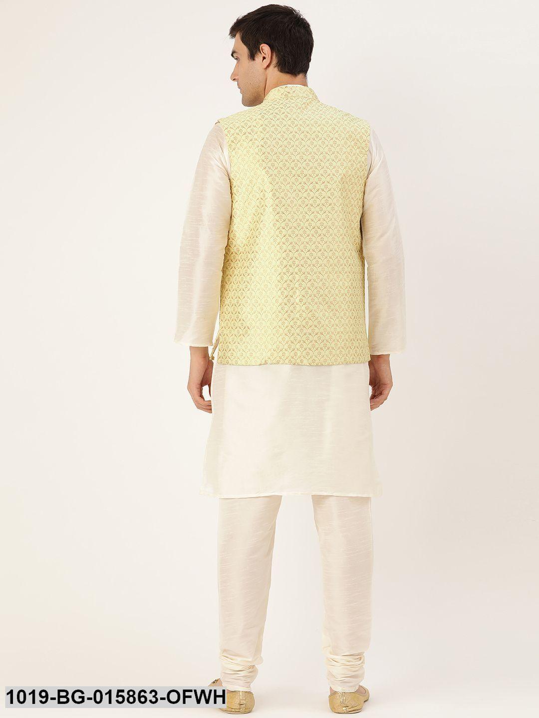 Men's Silk Blend Off White Kurta Pyjama & Lime Green Nehru jacket Combo - Sojanya - Indiakreations