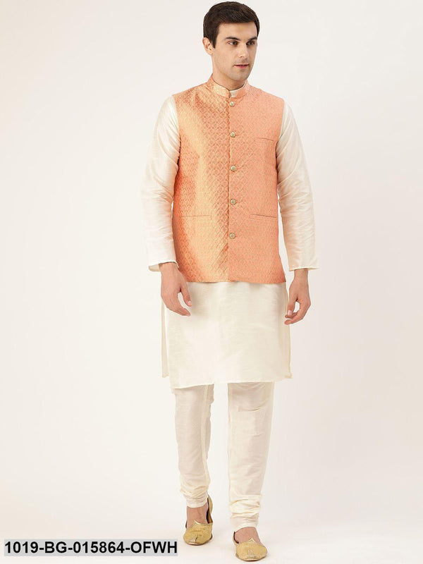 Men's Silk Blend Off White Kurta Pyjama & Peach Nehru jacket Combo - Sojanya - Indiakreations