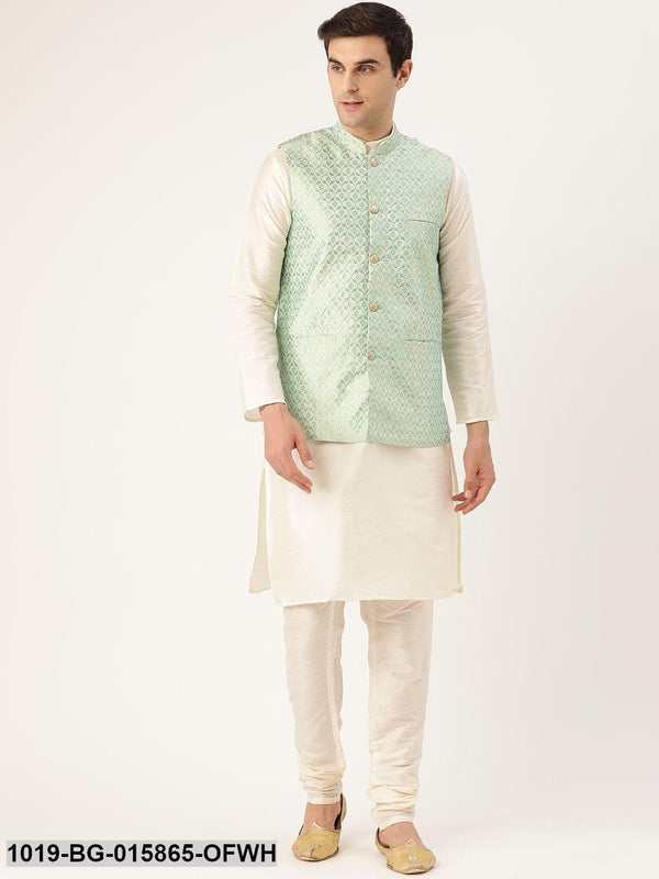 Men's Silk Blend Off White Kurta Pyjama & Sea Green Nehru jacket Combo - Sojanya - Indiakreations