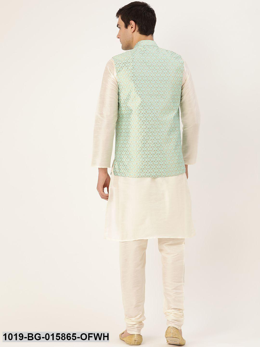 Men's Silk Blend Off White Kurta Pyjama & Sea Green Nehru jacket Combo - Sojanya - Indiakreations