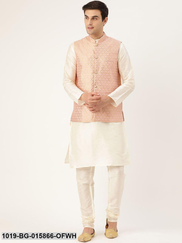 Men's Silk Blend Off White Kurta Pyjama & Light Pink Nehru jacket Combo - Sojanya - Indiakreations