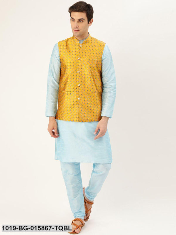 Men's Silk Blend Sky Blue Kurta Pyjama & Mustard Nehru jacket Combo - Sojanya - Indiakreations